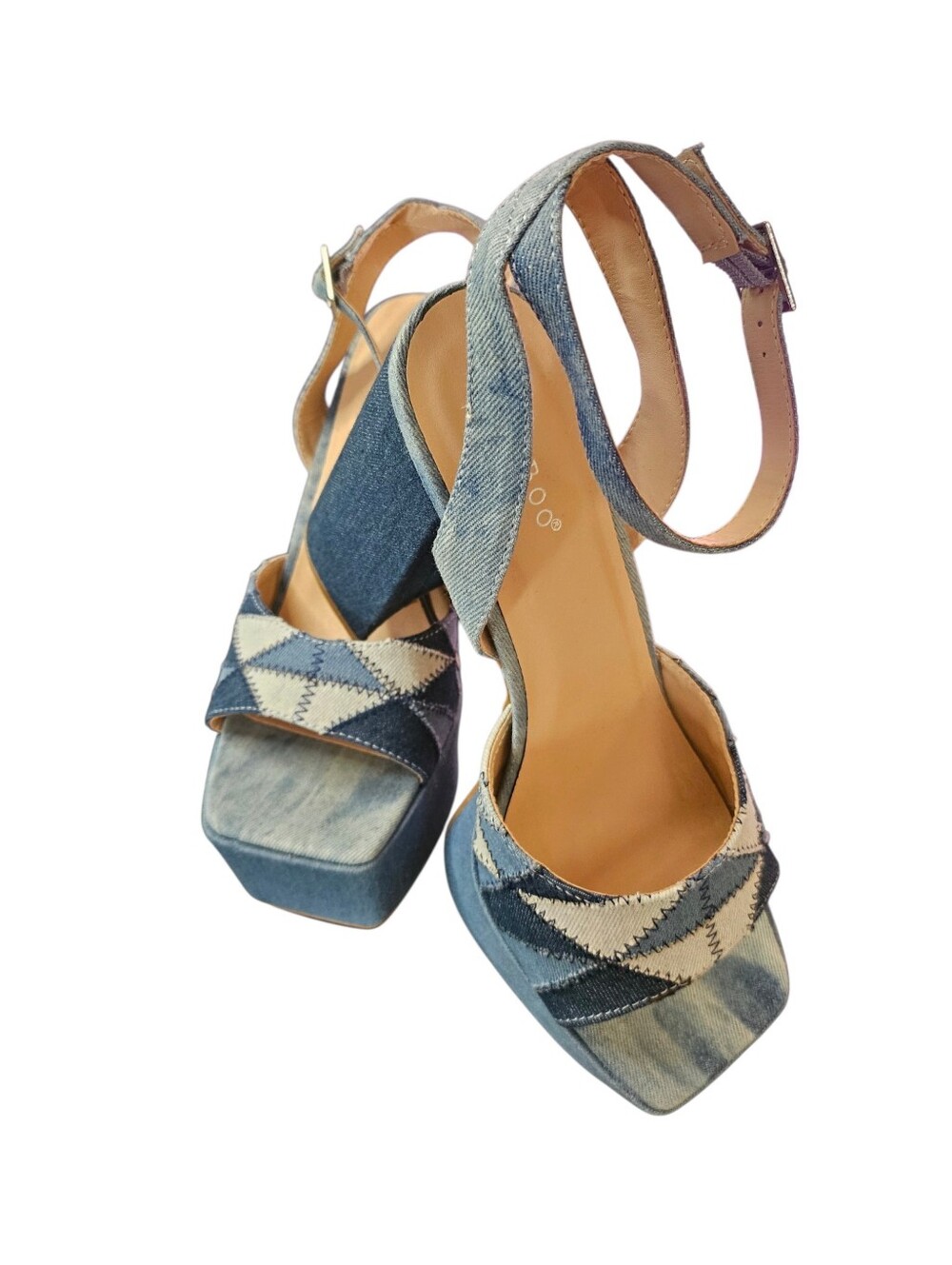 Bamboo Retro Denim Patchwork Platform Heels | Size 9